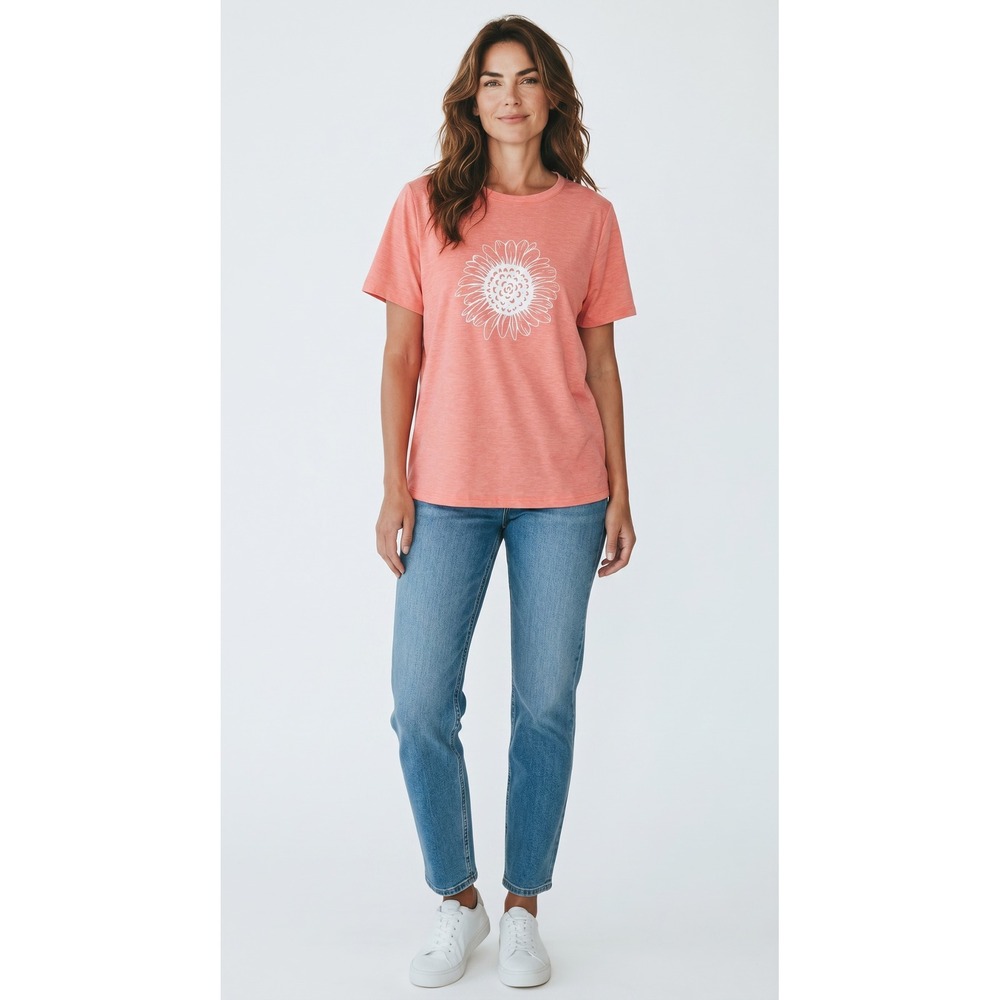 EADINVE Women Coral Heather Sunflower Graphic Short Sleeve T-Shirt Size L